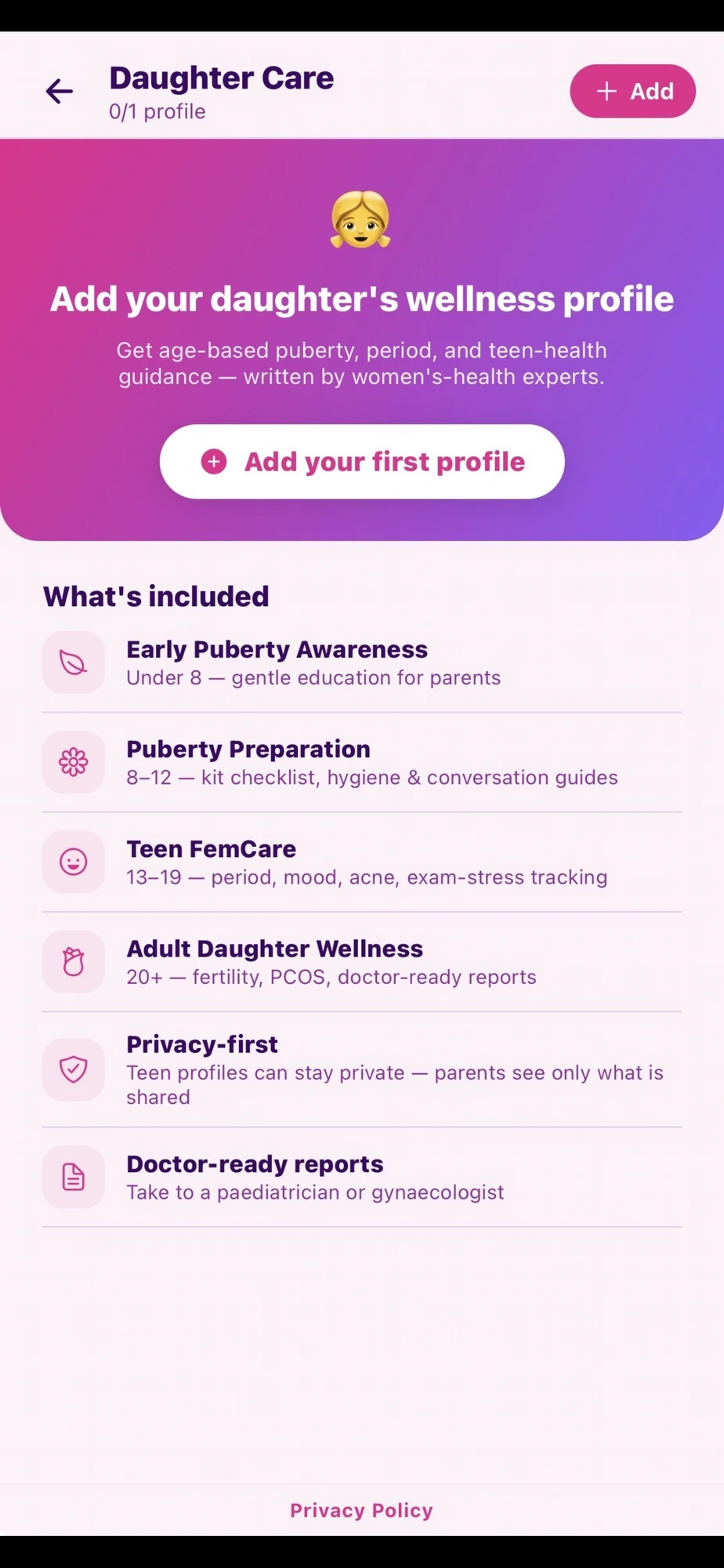 Daughter Care app screen — parent view showing puberty and wellness profile